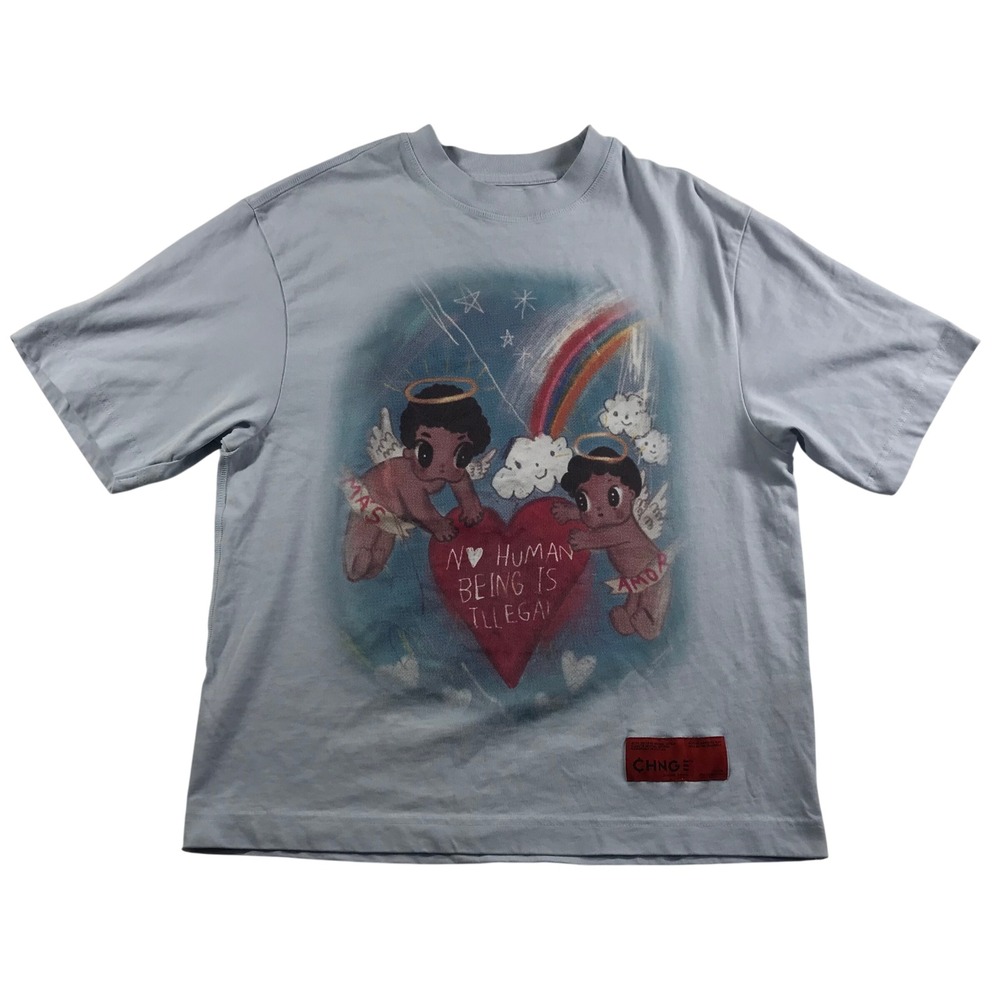 CHNGE No Human Being Is Illegal Graphic Tee Light Blue Organic Cotton Small